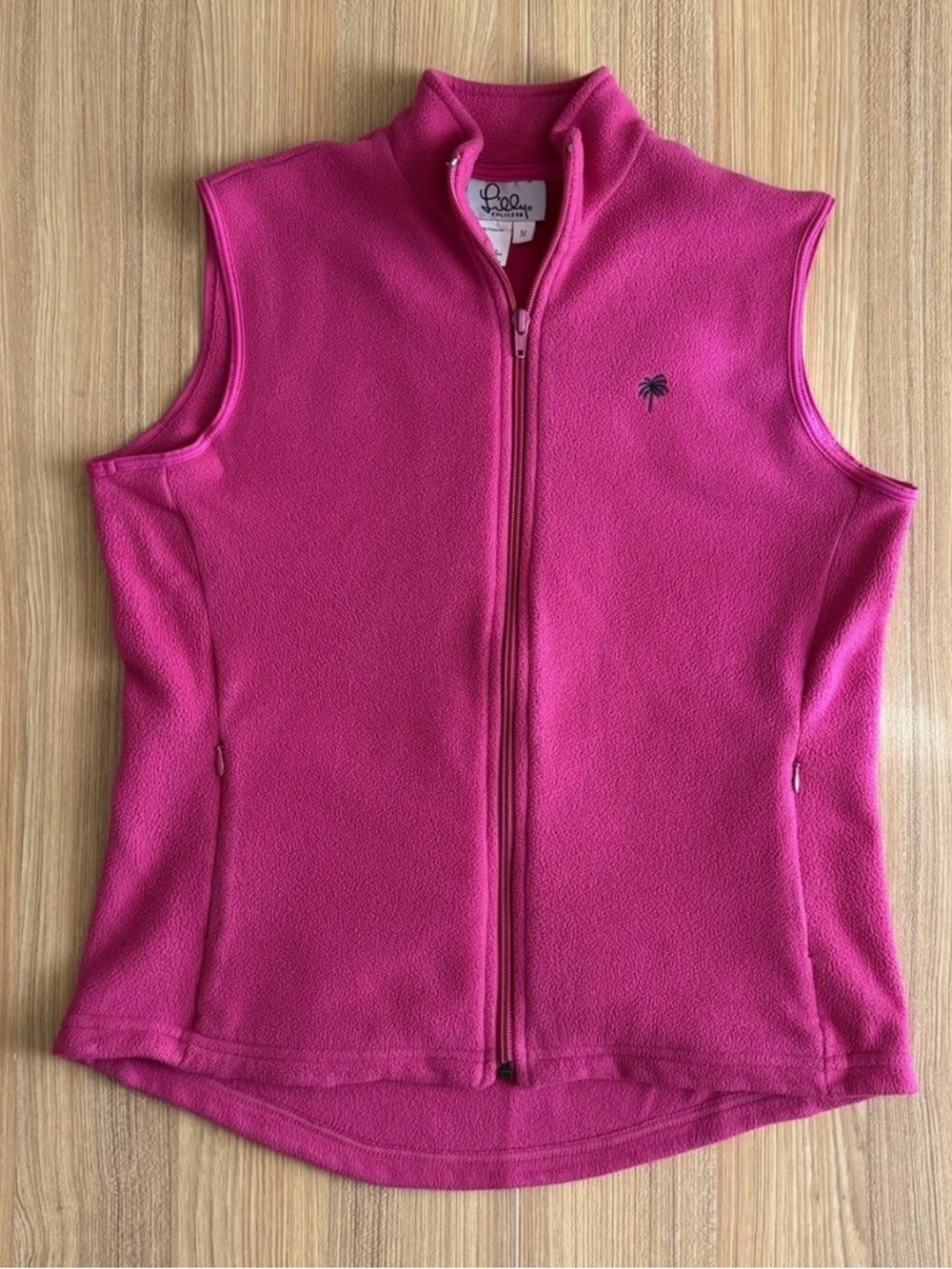 Lilly Pulitzer Fleece Vest Bright Pink Womens M Full Zip Palm Tree Logo Preppy